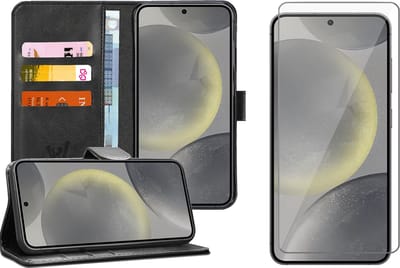 Hoesje geschikt voor Samsung Galaxy S24 - Screenprotector Glas - Portemonnee Book Case Zwart