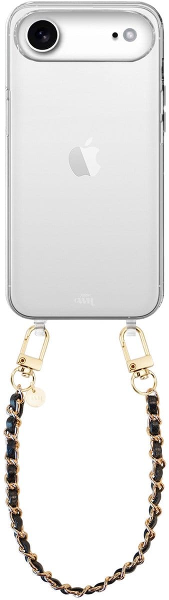 xoxo Wildhearts siliconen hoesje geschikt voor iPhone 17 Air - Classic Chain - Black (kort koord) - Telefoonhoesje - Hoesje met koord - Schakelketting - Kort telefoonkoord - Zwart met goud - Transparant hoesje