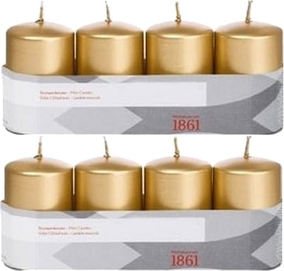 Trend Candles Cilinderkaarsen/stompkaarsen - set 8x - goud - 5 x 8 cm - 18 branduren