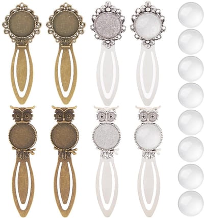 Dailygoods- Bladwijzers Set van 16 - Vintage Bladwijzers - Metalen Clips - Gedroogde Bloemen - Glas Cabochons - Antiek Brons/Zilver - Boekmark