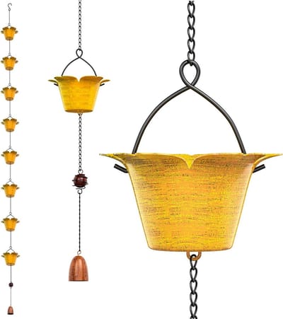 Regenketting Metaal - Dakgoot Ketting - Water Afvoeren - Decoratieve Lotus Vorm - 23 Meter - Geel