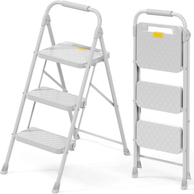 Inklapbare Trapladder - Huishoudladder Opstap - Veilig Klussen - Comfortabele Leuning - 3 Treden - Grijs