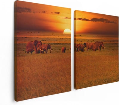 Artaza Canvas Schilderij Tweeluik Olifanten In Het Wild - Zonsondergang - 120x80 - Foto Op Canvas - Canvas Print