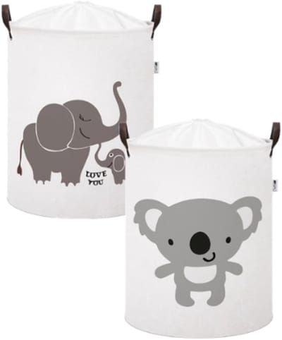 Opbergmand - Speelgoedmand Kinderkamer - Set van 2 - Koala en Olifant Design - Duurzaam Canvas Cotton - Moderne Scandinavische Opberger - 43 Liter - XL - 35 x 35 x 45 cm - Wit