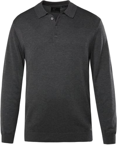 JP 1880 - Heren - Gebreid poloshirt FLEXNAMIC® lange mouwen MerinoTouch - Leisteen - Maat 6XL