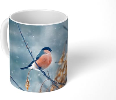 Mok - Koffiemok - Roodborstje - Vogel - Sneeuw - Herfstbladeren - Mokken - 350 ML - Beker - Koffiemokken - Theemok
