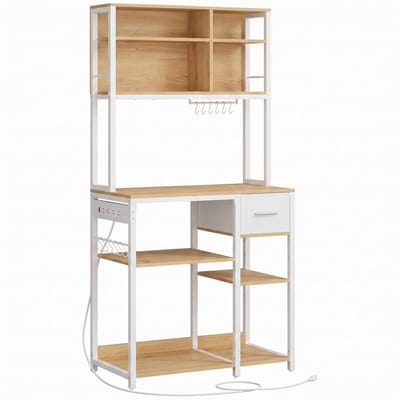 NordHaus Keukenrek met Stopcontacten - Magnetronrek - Keukenopbergrek - Verstelbare Planken - 80 x 40 x 180,4 cm - Golden Dik-colored clouds White