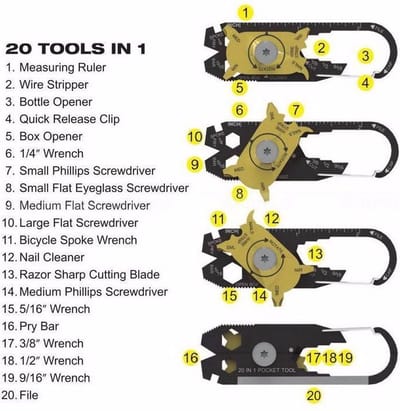 Okado Multitool Sleutelhanger 20-in-1 Geel/Zwart – Compact Zakgereedschap met Meetlat, Schroevendraaiers, Flesopener en Sleutelring – Handige Gadget voor Klussen en Onderweg