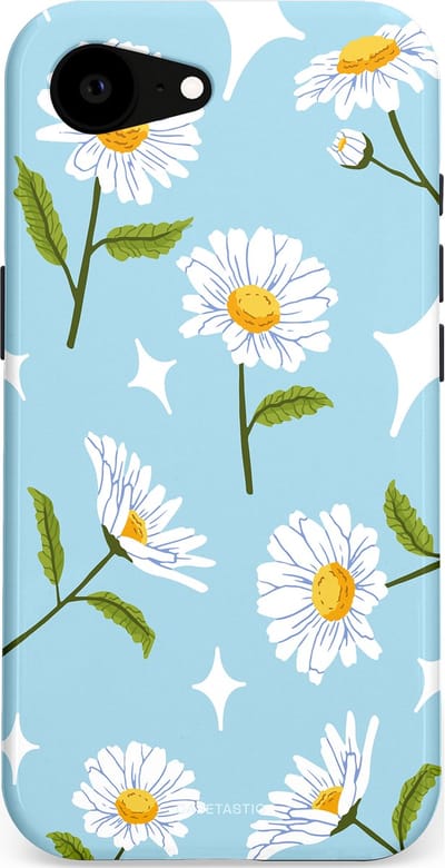 Casetastic hoesje geschikt voor Apple iPhone 16e / Apple iPhone 17e - MagSafe - Dubbellaagse bescherming - Margrietjes in de Wind - Fashion Case - Lichtblauw Wit Groen
