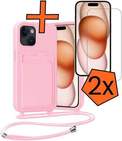 Hoesje Geschikt voor iPhone 15 Plus Hoesje Met Telefoonketting Pasjeshouder Case Met 2x Screenprotector Koord - Hoesje Geschikt voor iPhone 15 Plus Hoes Met Kaarthouder - Lichtroze