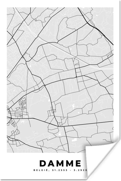 Poster België – Damme – Stadskaart – Kaart – Zwart Wit – Plattegrond - 120x180 cm XXL