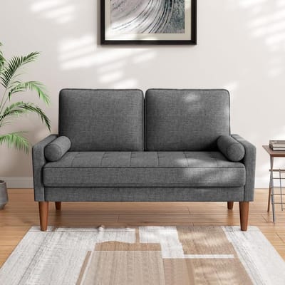 Kleine 2-zitsbank - Linnen bank Loveseat - Woonkamer inrichten - Met verenkussen - 121 cm - Donkergrijs