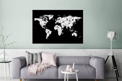 Aluminium schilderij 180x120 cm - Wanddecoratie metaal - Wereldkaart - Bladeren - Zwart - Wit - Metalen muurdecoratie woonkamer - Decoratie industrieel - Foto op dibond - Industriële accessoires slaapkamer