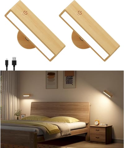 GELLDG 2-delige draadloze wandlamp - Binnen - Houten wandlampenset - USB-opladen - Instelbare helderheid - Instelbare richting - Touchscreen - Geschikt voor slaapkamer, woonkamer en studeerkamer