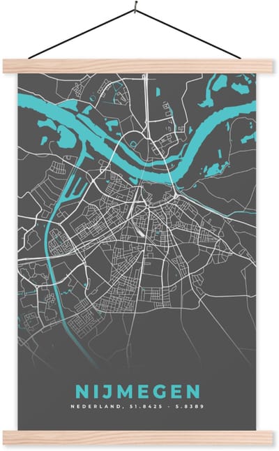 Posterhanger incl. Poster 60x90 cm - Schoolplaat - Stadskaart - Nijmegen - Grijs - Blauw - Textielposter - Blanke latten