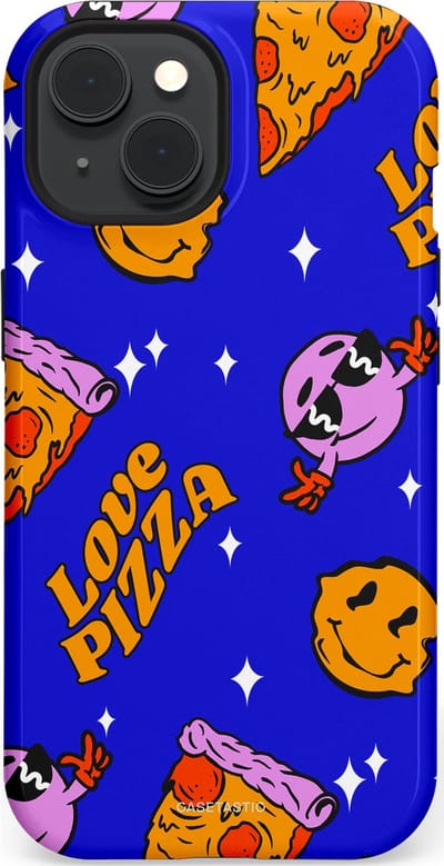 Casetastic hoesje geschikt voor Apple iPhone 15 - MagSafe - Dubbellaagse bescherming - Funky Pizza - Fashion Case - Paars Okergeel Donkerblauw Bruin