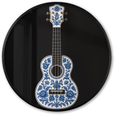Poster in lijst Rond - Fotolijst 60x60 cm - Posters - Ukelele - Delfts - Blauw - Muziek - Ronde posterlijst zwart - Decoratie - Wanddecoratie woonkamer - Muurdecoratie slaapkamer