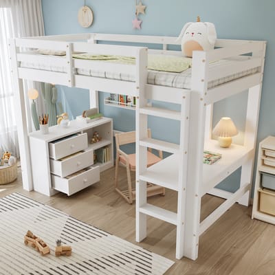 FloraGrace Hoogslaper 90x200cm - Met Bureau en Opbergruimte - Met Ladekast en Vierstaps Ladder - Kinderbed - Hout en MDF - Wit - Zonder Matras
