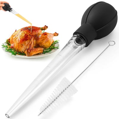 Set van 2 stuks: twee druppelaars en twee borstels, premium kalkoen-kookdruppelaar - hete vloeistofinjector - vlees- en voedselinjector - essentiële kookgereedschappen voor Thanksgiving - grote kalkoen-druppelaar met reinigingsborstel (zwart)