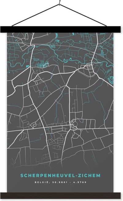 Posterhanger incl. Poster 40x60 cm - Schoolplaat - België – Scherpenheuvel Zichem – Stadskaart – Kaart – Blauw – Plattegrond - Textielposter - Zwarte latten - Stadskaart