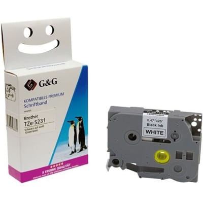 Beletteringstape G&G, compatibel met Brother TZe-S231, zwart op wit, extra sterk zelfklevend, kunststof, L 8 m x B 12 mm, 1 stuk