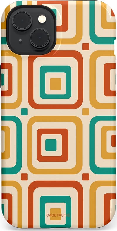 Casetastic hoesje geschikt voor Apple iPhone 15 Plus - MagSafe - Dubbellaagse bescherming - Retro Vierkant verlangen - Fashion Case - Crème Terracotta Goud Turquoise