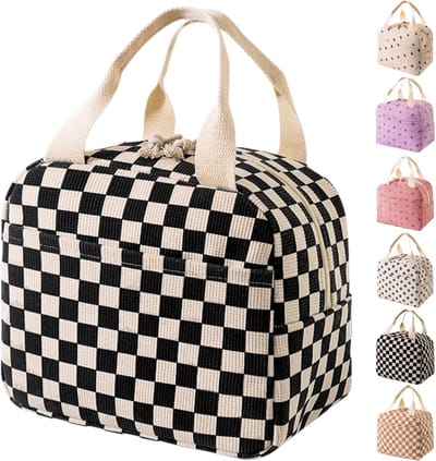 Leuke lunchtas - Unisex - Corduroy - Herbruikbaar - Lunchtas - Geïsoleerde lunchtas met grote capaciteit - Koelbox - Geschikt voor werk, reizen, picknicks en buitenactiviteiten - Zwart-wit geruit patroon