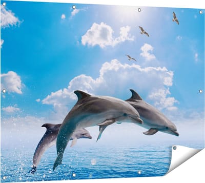 Gards Tuinposter Dolfijnen Springen uit de Blauwe Zee - 120x90 cm - Tuindoek - Tuindecoratie - Wanddecoratie buiten - Tuinschilderij