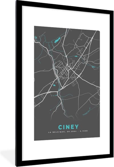 Fotolijst incl. Poster - Stadskaart – Grijs - Kaart – Ciney – België – Plattegrond - 80x120 cm - Posterlijst