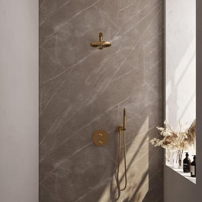 Brauer Gold Edition thermostatische inbouw regendouche 3-weg rond SET 73 met 20 cm douchekop en rechte muurarm en staaf handdouche en doucheslang en wandaansluitbocht goud geborsteld PVD