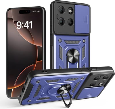MobyDefend Hoesje - Geschikt voor Motorola Moto G15 / G15 Power / G17 / G17 Power - Pantsercase Met Draaibare Ring - Blauw