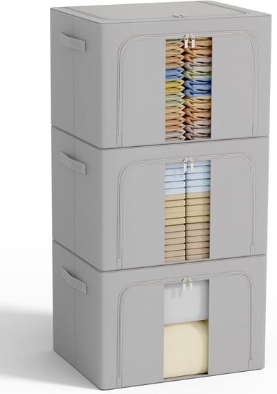 3 Stuks Metalen Frame Opbergzakken, 270 Liter, Stapelbare Opbergoplossingen voor Dekbedden en Kleding, Vouwbare Kledingopberging, Organizer voor Kledingkast, Grijs, 90 Liter