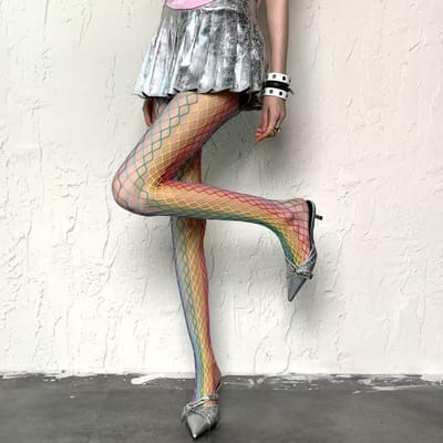 Sexy Mode Regenboog Raster Dames Hoge Taille Kous Visnet Club Panty Breiwerk Net Pantybroek Broek Gaas Lingerie One Size gray