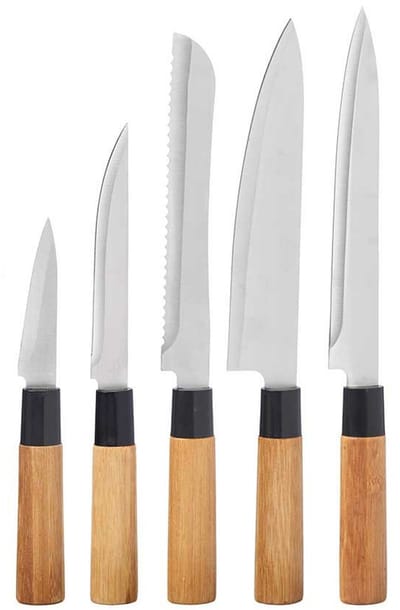 Kinvara chef keuken messen set - 5 delig - rvs metaal/bamboe - complete set