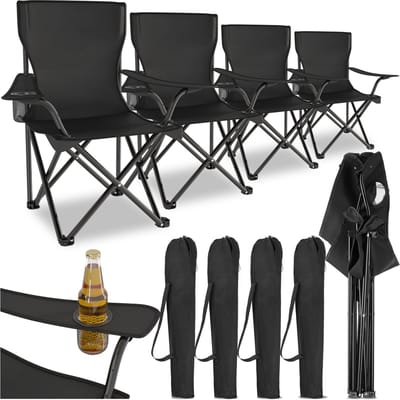 tectake® Set van 4 Campingstoelen - Klapstoel - Opvouwbare Visstoel met Armleuning en Bekerhouder - Inclusief Draagtas - Comfortabele Stoel voor Balkon, Tuin, Festival, Camping - Maximale belasting 100 kg - Afmeting (BxDxH) 80 x 48 x 84,5 cm - Zwart