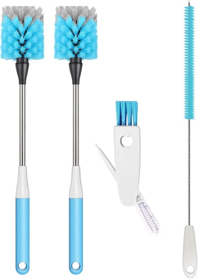 Flessenborstel vierdelige set, 38 cm lange flessenborstel, keukenborstelset inclusief rietjesreiniger en dekselborstel. Geschikt voor waterkokers, bekers, glazen en babyflesjes. Blauw.