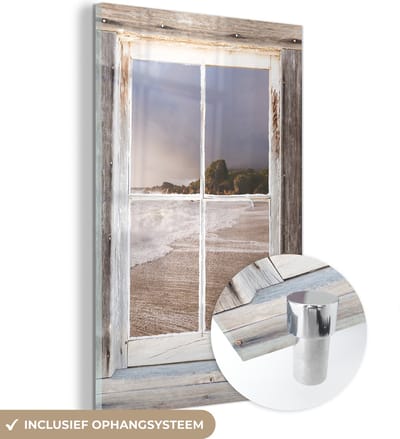 MuchoWow® Glasschilderij 40x60 cm - Schilderij acrylglas - Doorkijk - Hout - Strand - Foto op glas - Schilderijen