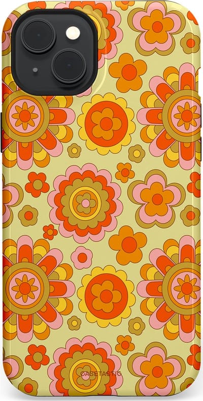Casetastic Hoesje Geschikt voor Apple iPhone 15 Plus Magsafe - Stijlvolle Beschermende Duo-layer Case - Retro Oranje Bloemen