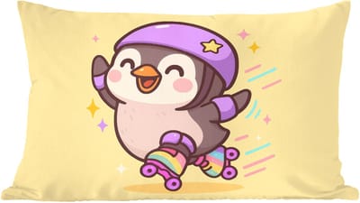 Sierkussens - Kussentjes Woonkamer - 60x40 cm - Pinguïn - Rolschaatsen - Geel - Energiek
