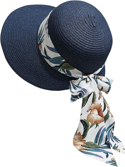 VHV-Dames Zonnehoed met Brede Rand - UPF 50+ UV Bescherming Strohoed - Elegante Strandhoed met Strik - Franse Stijl Zomerhoed voor Vakantie en Reis - Blauw