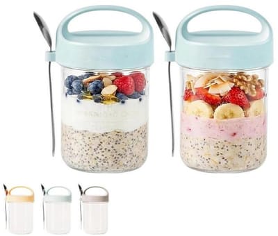 KZQ Overnight Oatmeal Pot - Tweedelige glazen pot met deksel en lepel, luchtdicht en herbruikbaar - Perfect voor het maken van havermout, yoghurt, gemengde granen en salades - Ideaal voor ontbijt, lunch, op reis, school en werk -Lichtblauw