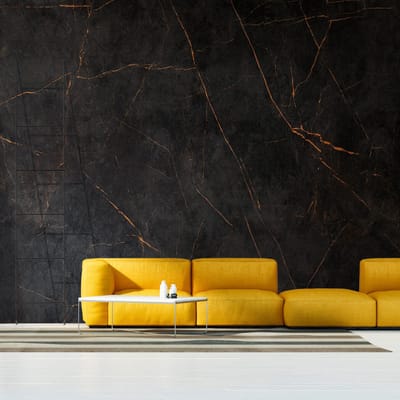 Fotobehang Profhome 382251-GU vliesbehang hardvinyl warmdruk in reliëf glad in marmerlook mat zwart oranje 3,71 m x 2,8 m