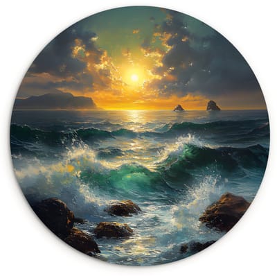 WallCircle® Wandcirkel 120x120 cm - Muurcirkel Zee - Zon - Golven - Rotsen - Muurdecoratie woonkamer - Wanddecoratie slaapkamer - Kamer decoratie accessoires - Ronde schilderijen XXL