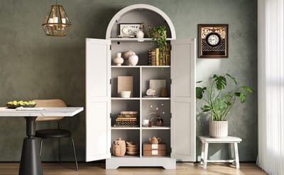 REDOM - Hoge kast - Gebogen open bovenkant - Verstelbare planken en deuren - Landelijke moderne stijl - Woonkamer of eetkamer - MDF - Wit