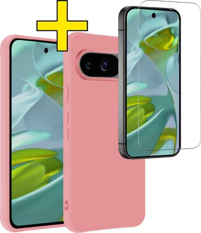 Hoesje - Met Screenprotector - Geschikt voor Google Pixel 9 - Sterk & Shockproof - Back Cover - Siliconen Case - Telefoon Hoes - Telefoonhoesjes - Lichtroze