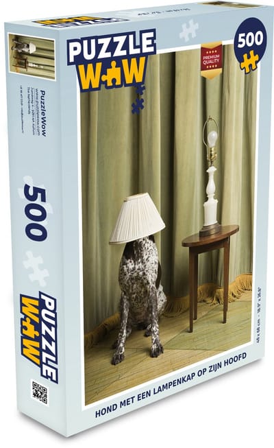 Puzzel Hond met een lampenkap op zijn hoofd - Legpuzzel - Puzzel 500 stukjes