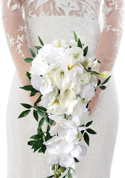 Bruidsboeket - Kunstbloemen Decoratie - Bruiloft Versieren - Waterfal Stijl - 55 cm - Wit