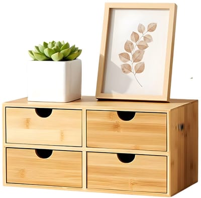Bamboe bureau-organizer – Voor thuiskantoor en make-up – 4 laden – Lichtbruin bamboe (33×19×16 cm)