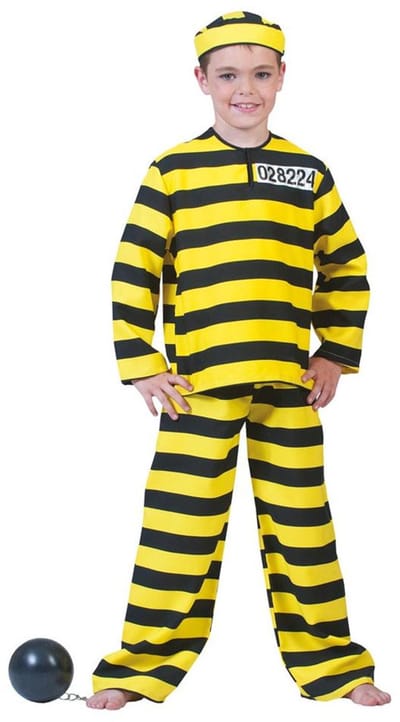 Carnaval verkleedkleding boef - boevenpak - geel/zwart - voor kinderen - gevangennen kostuum 116