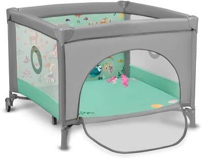 Aurixi® Reisbedje Baby Met Matras – Campingbedje Op Wieltjes – Reisbed Met Zijdelingse Ingang En Ritssluiting- Camping Bedje 100 cm x 100 cm – Voor Baby’s en Peuters tot 15 KG - Grijs - 100cm x 100cm x 77cm